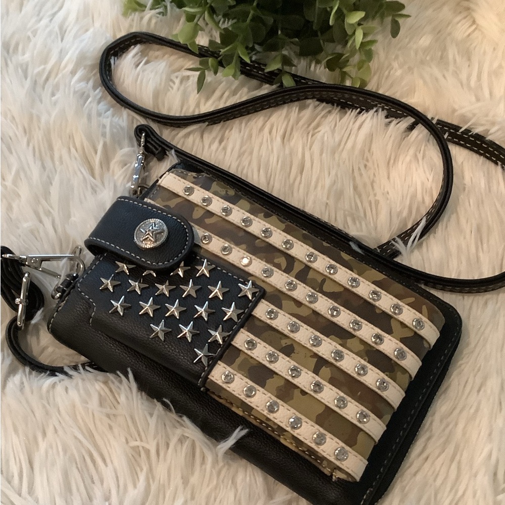 Black and Tan Crossbody Bag with Star Accents